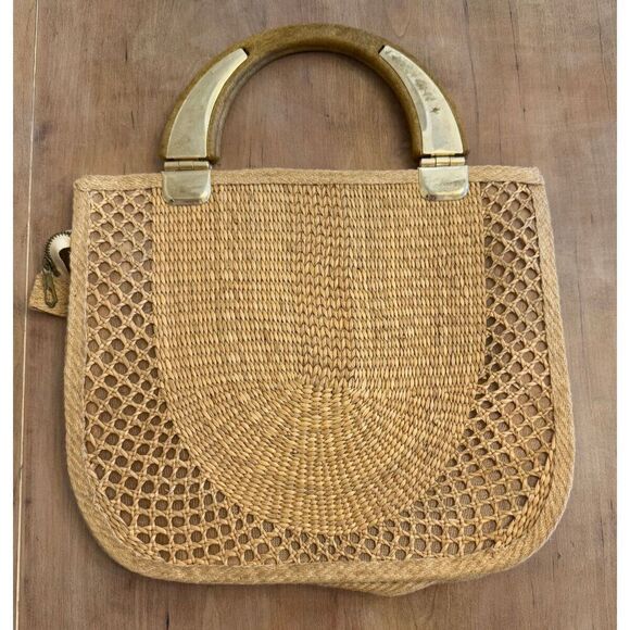 Delill Silver Wood handle Hardware Woven Straw Vintage Purse Handmade In Italy
